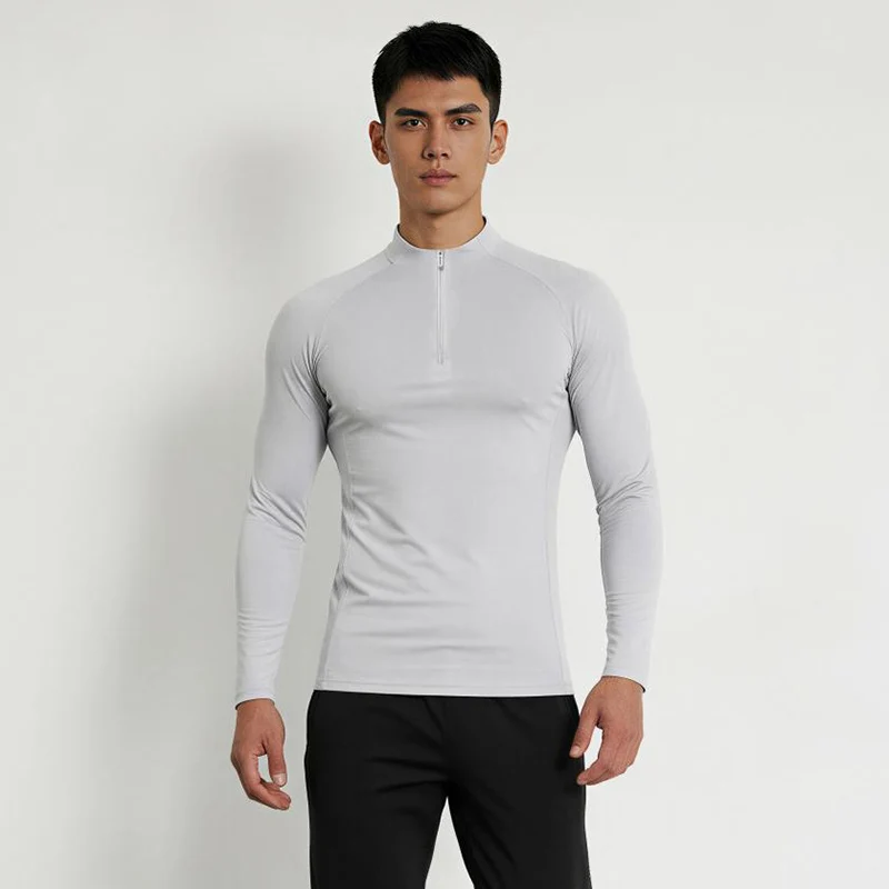 Autumn Winter Outdoor Half-zipper Stand-up Collar Quick-drying Sports Long-sleeved Gym Fitness Running Training Suit T-shirt Men