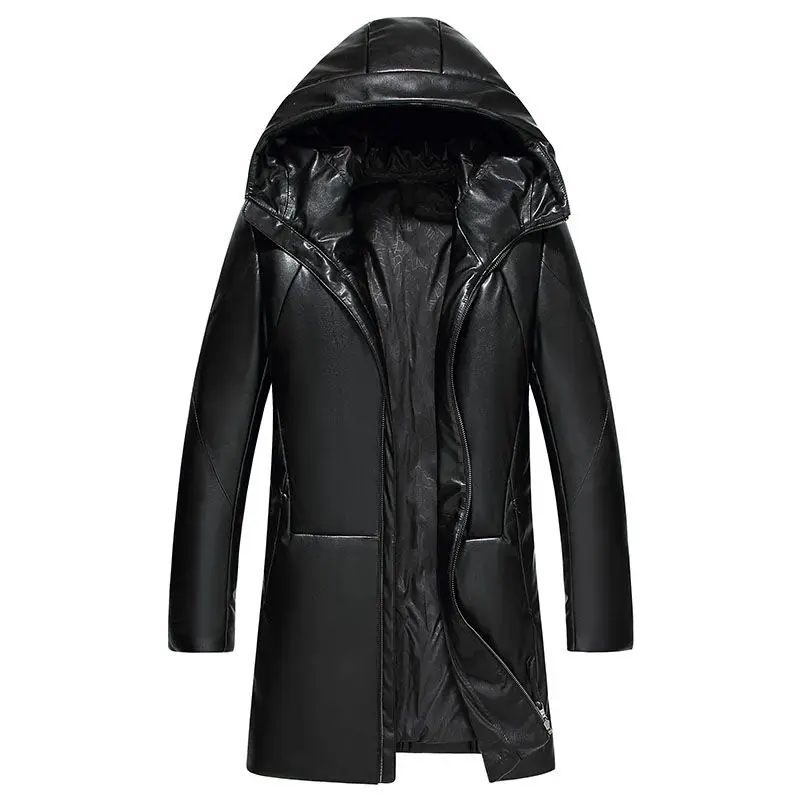 Genuine Leather Coat Men Mid length Hooded Sheepskin Puffer Jacket Man Winter Detachable Access Control Leather Down Coat Male