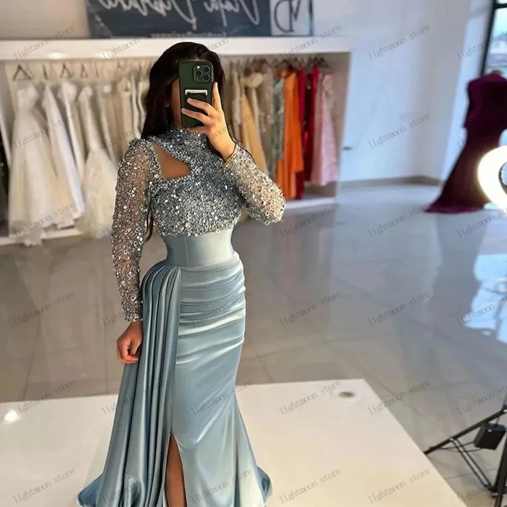 Glitter Evening Dresses Satin Prom Dress Sequin Appliques Robes For Formal Party Elegant Mermaid Vestidos De Noche Customized