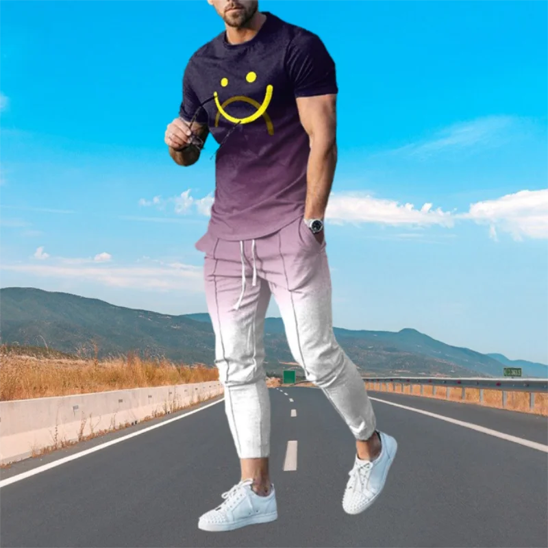 3D Color Pattern Casual Oversized Clothes Summer Sportwear Suit Short Sleeve T Shirt Long Pants Men 2 Piece Sets Men Tracksuit