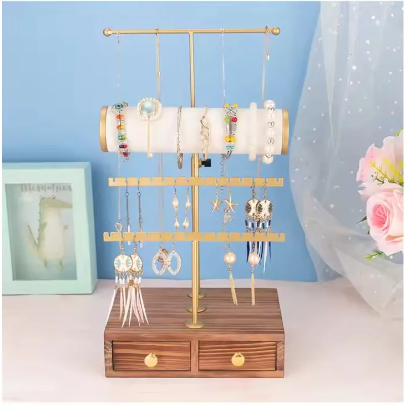 four-layer jewelry rack with MDF base with drawer, multifunctional storage for necklaces, bracelets, watches, and display items