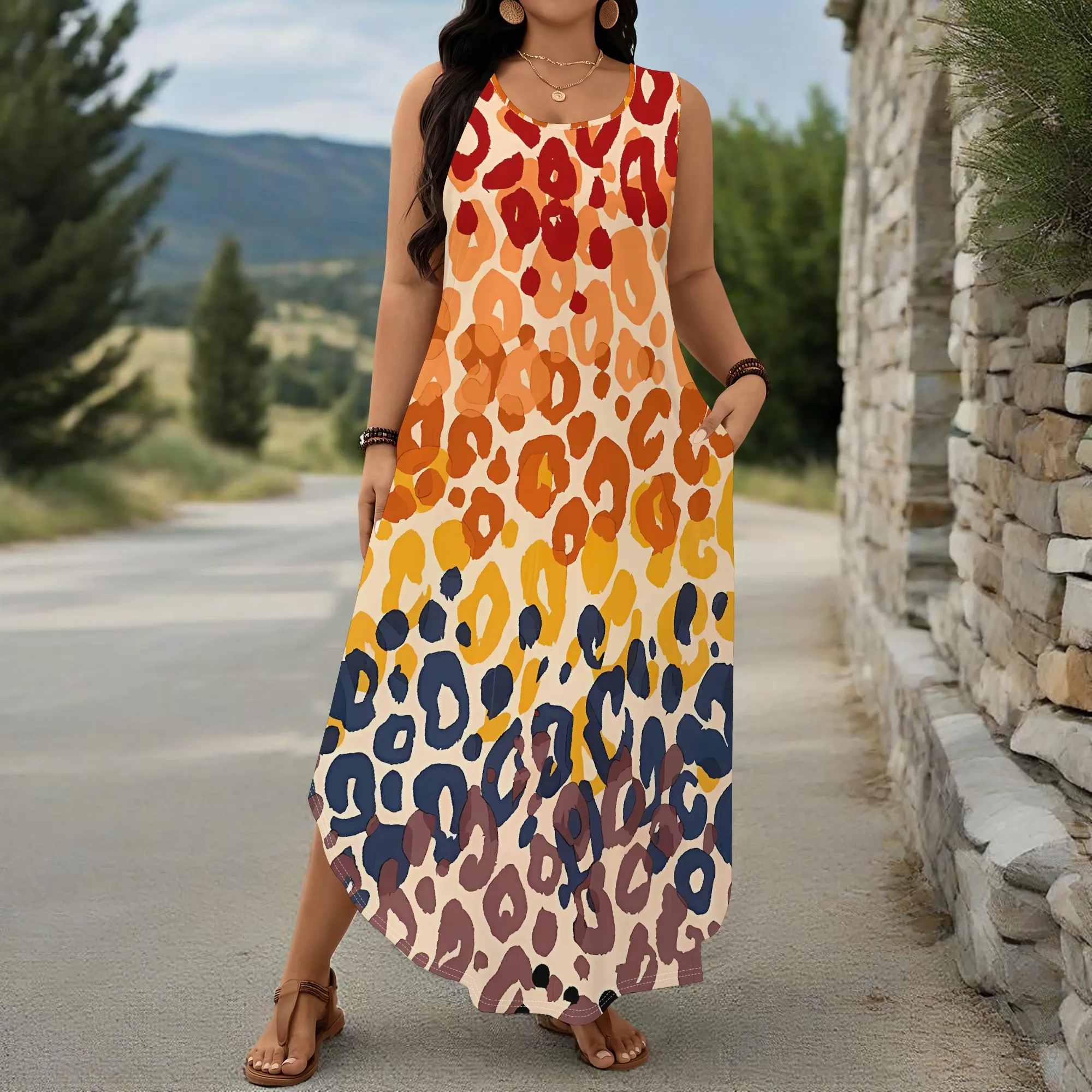 Plus Size Sleeveless Leopard Print Maxi Dress Gradient Colorful Summer Casual Beach Holiday Sundress