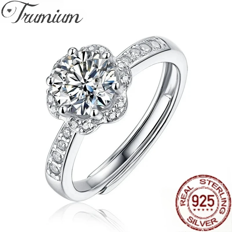 

Trumium 1CT VVS1 Moissanite Ring Flower Shape 925 Sterling Silver Rings for Women Adjustable Wedding Bands with Certificate