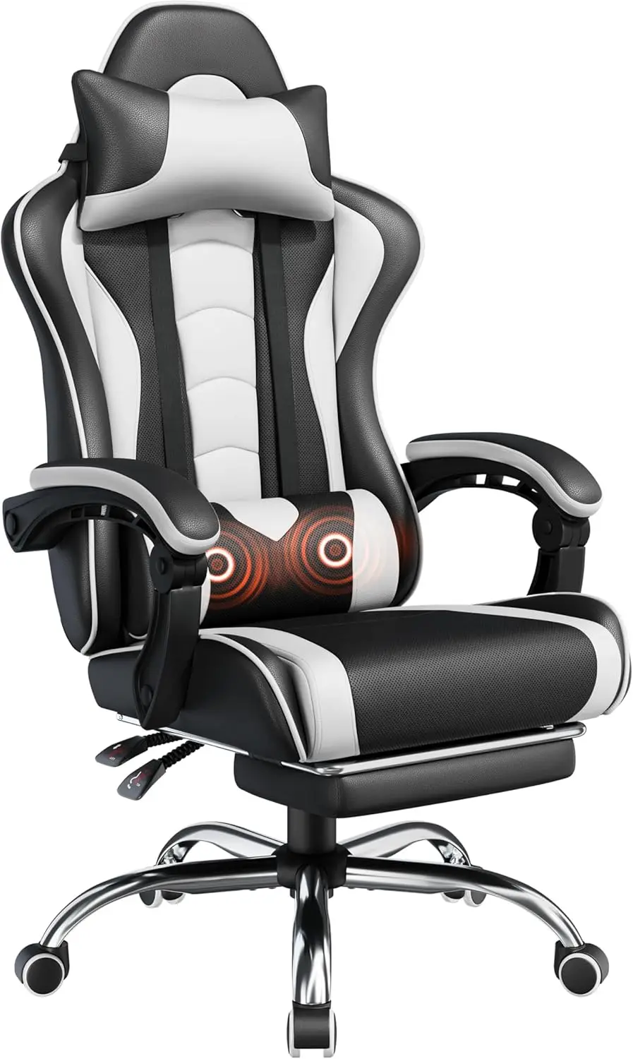 

Gaming Chair with Massage Lumbar Support, Footrest, Adjustable Height, Swivel Seat, Headrest, Black/White