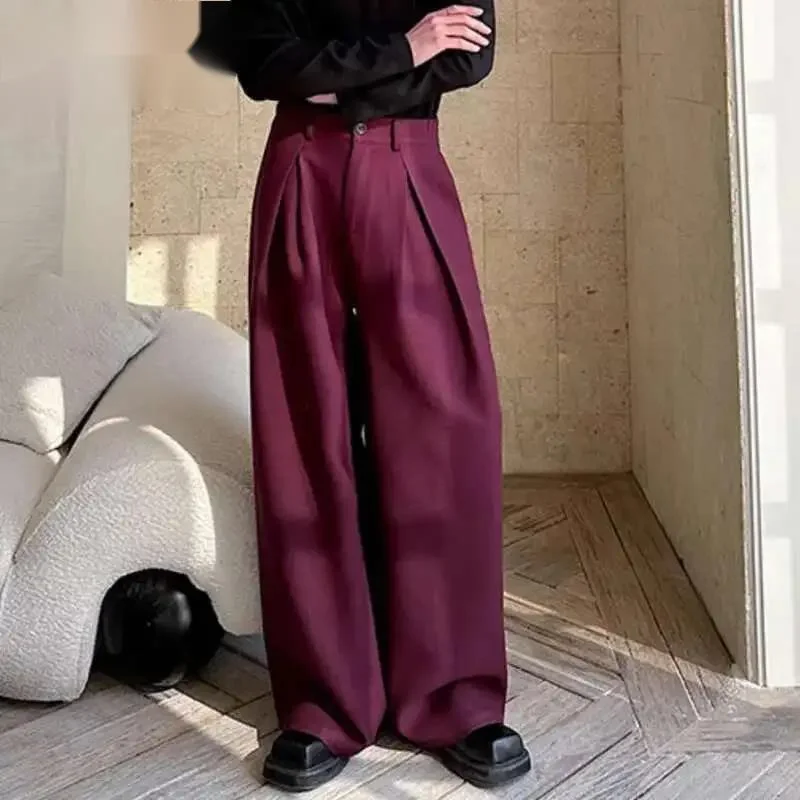 Korean Style Men's Casual Pants Pleated Design Straight Spring Trousers Wide Leg Loose Male Bottom Trendy Menswear 9YL8K