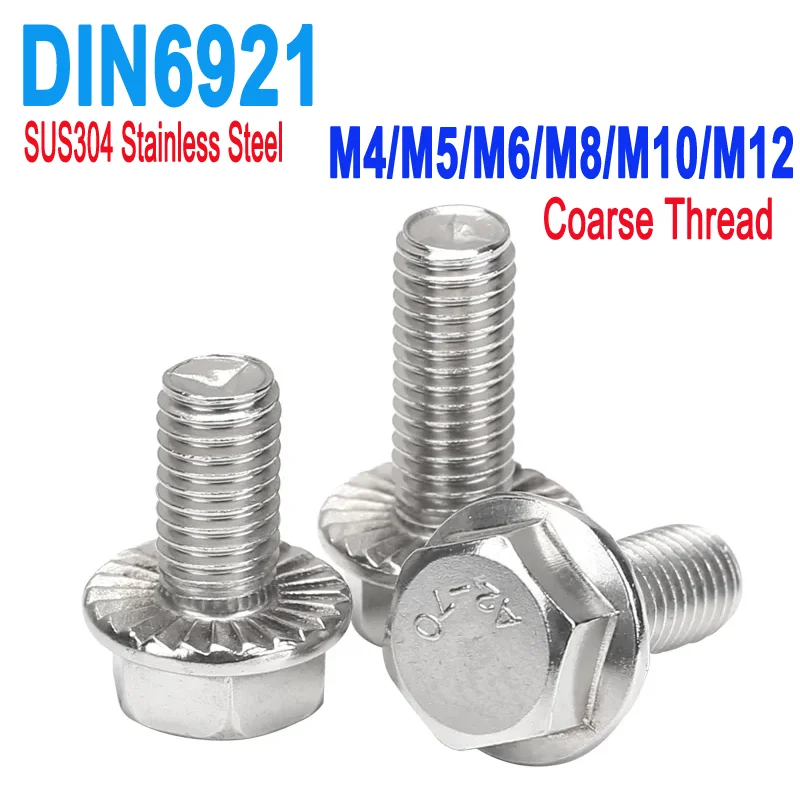 

DIN6921 M4 M5 M6 M8 M10 M12 SUS304 A2-70 Stainless Steel Hexagon with Serrated Flange Cap Screw Hex Washer Flange Bolts