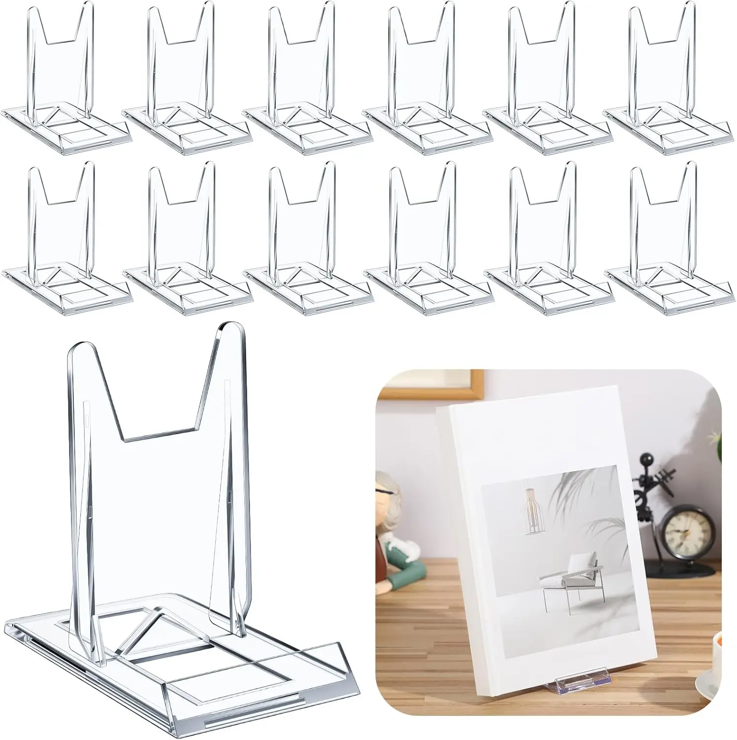 

12 Pack Acrylic Book Stand for Display Adjustable Clear Holder Easel for Home Office Comic Album CD Magazine Postcard Artworks