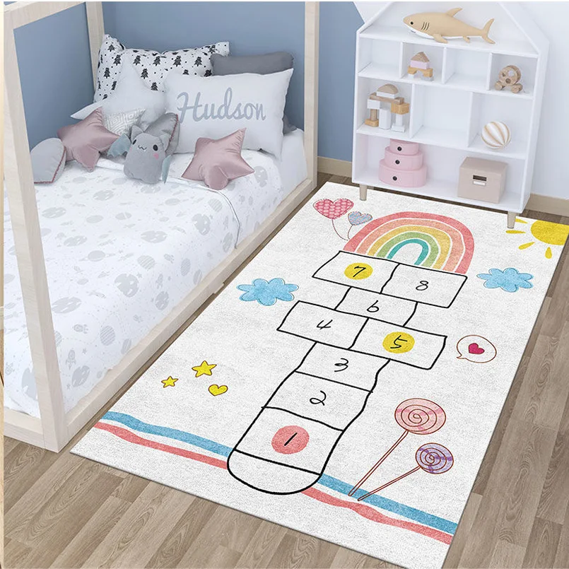 Modern Cute Children\'s Bedroom Decor Bedside Carpet Living Room Decoration Home Area Rug Large Jumping Plaid Kids Balcony Rugs