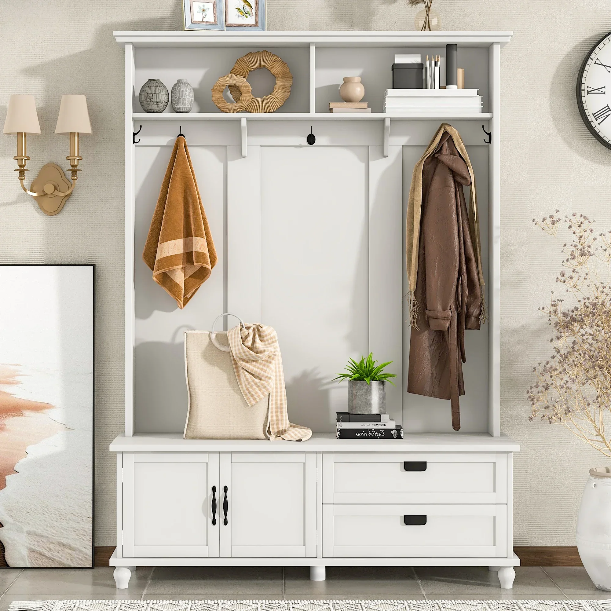 Hall Tree with Storage Cabinet and Drawers, Mudroom Bench
