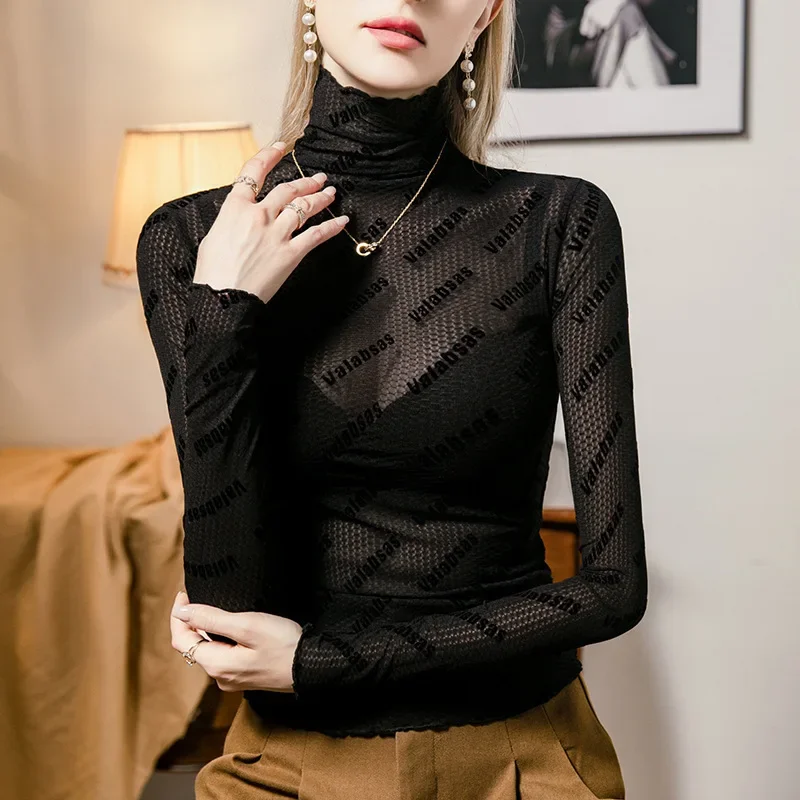 # 4263 Maglietta dolcevita nera da donna Lettere elastiche sottili Vedi attraverso la maglietta da donna Maglietta skinny sexy da donna Primavera Autunno