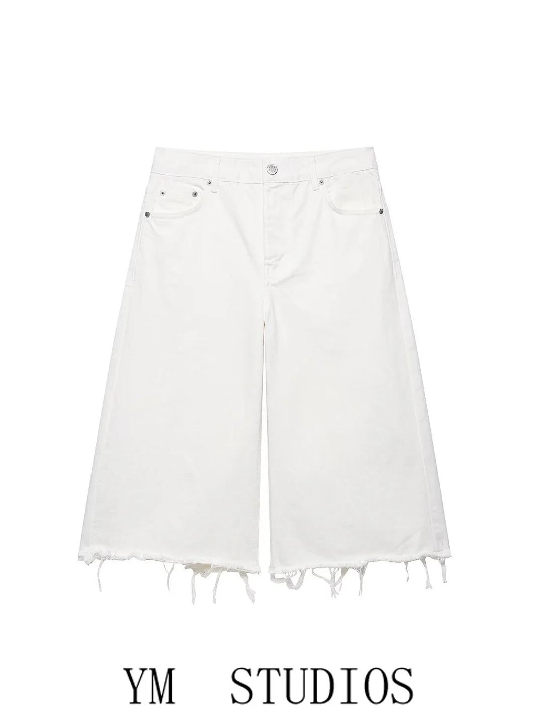 

Women's Casual Wide Leg Jeans White Frayed Hem Ankle-Length Straight Cut Loose Fit Trousers Spring Fashion Denim Pants