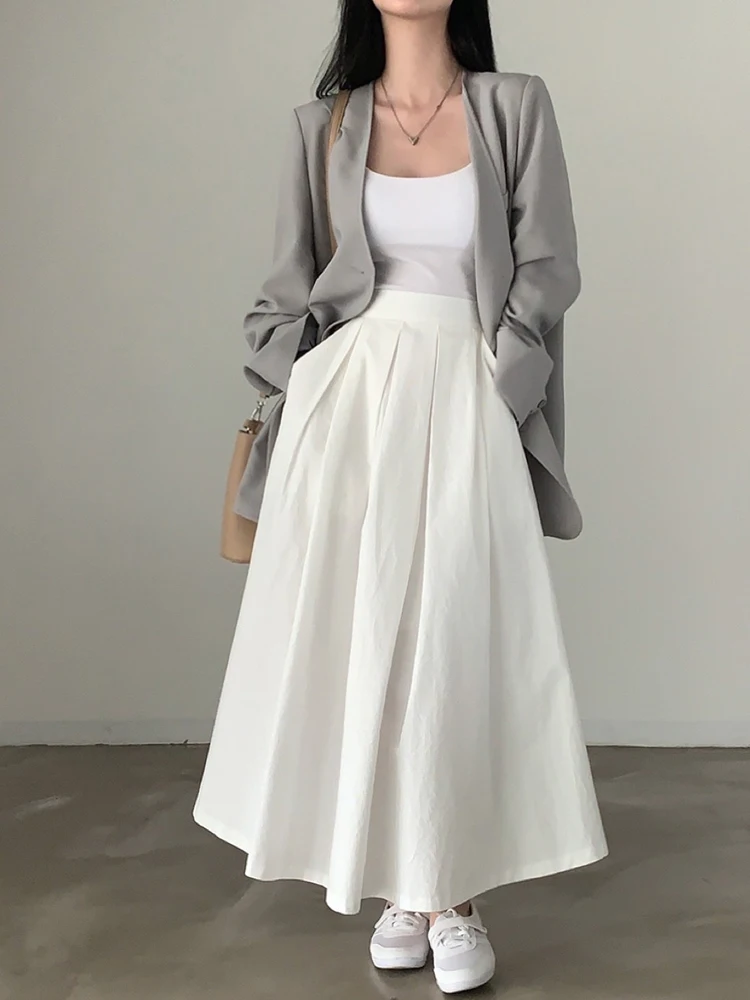 White A-Line Midi Skirt Women's Spring 2024 New High Waist Knee-Length Cover Hip Skirts Korean Sle Pure Color Dres