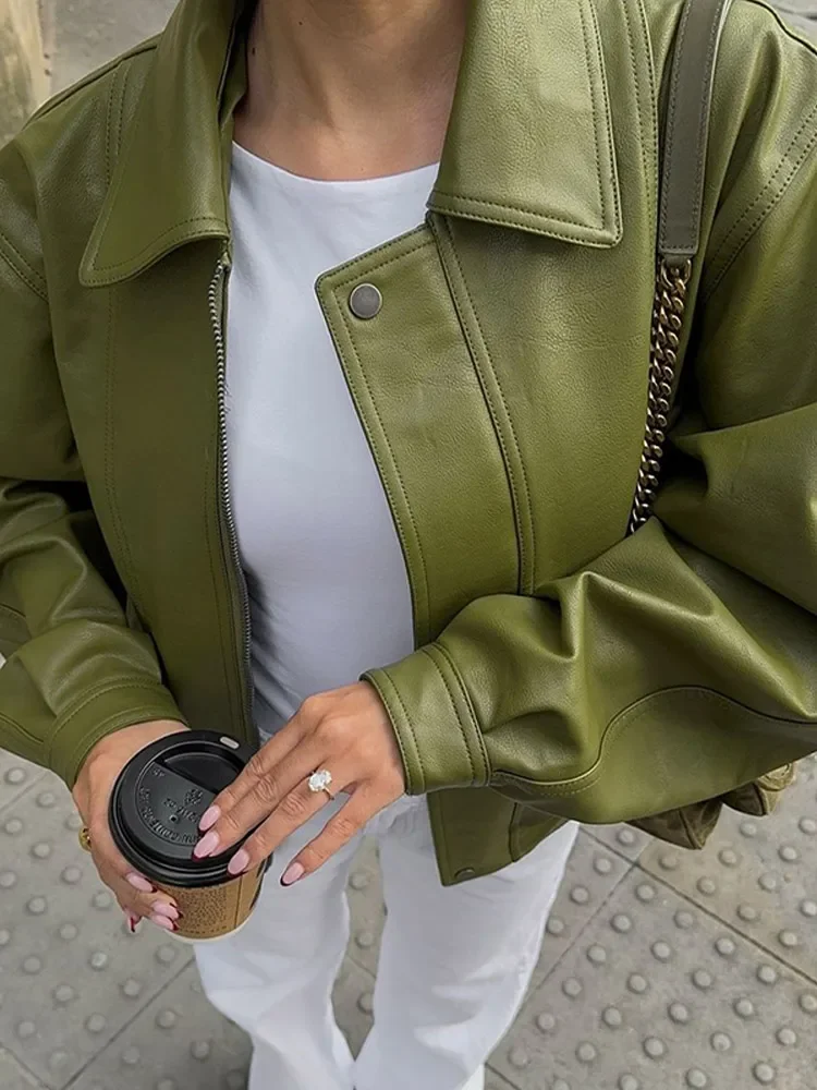 Women Green Single Breasted Leather Jacket Fashion Oversized Lapel Zipper Stretch Hem Coat Female Motocycle Streetwear Outercoat