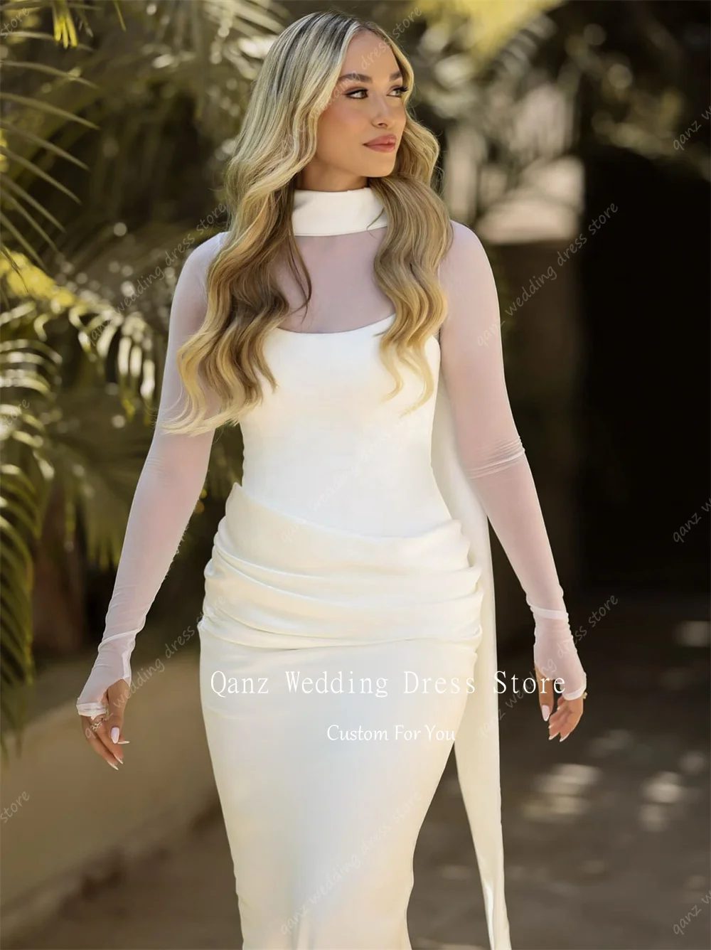 Qanz فساتين زفاف أنيقة حورية البحر للنساء شفافة بأكمام طويلة 2 قطعة من الساتان فيستدو دي نويفا رداء دي ماري مخصص