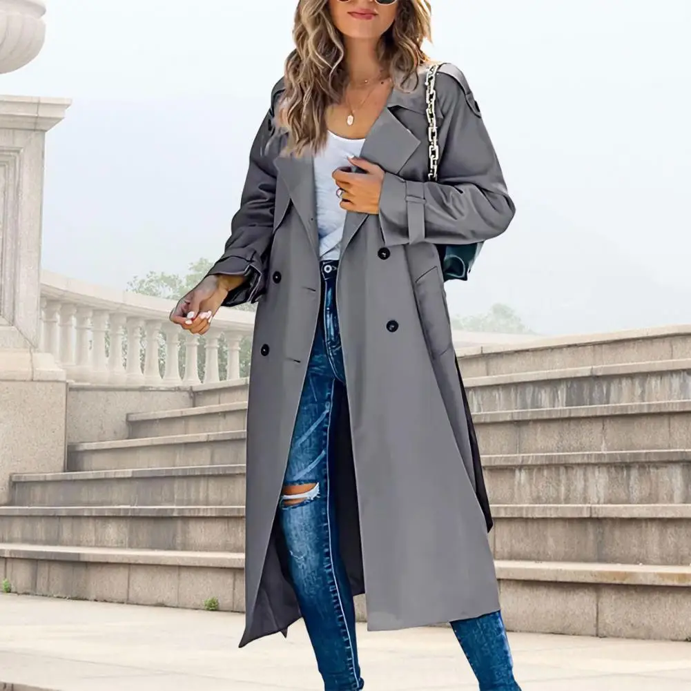 

For Autumn Spring Women Clothing Women Trench Coat Windproof Double-Breasted Lady Outerwear Solid Color Lapel Long Overcoat