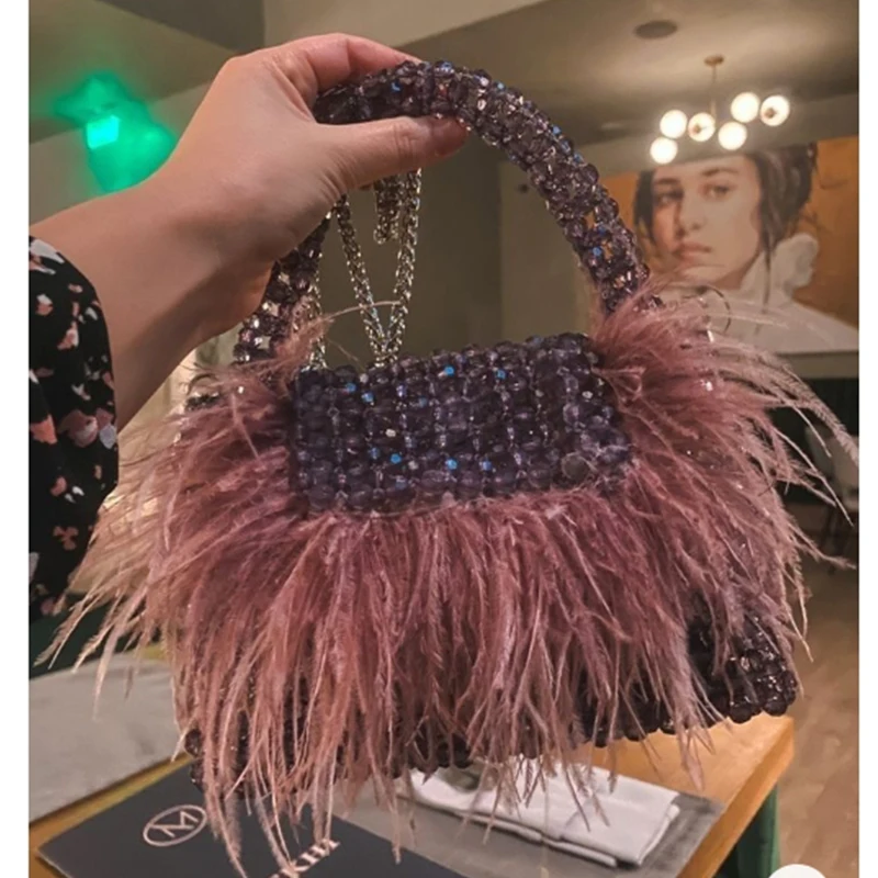 High Quality Feather Decoration Women\'s Bag Customized Female Designer Handmade Beaded Handbag Luxurious Party Banquet Bags