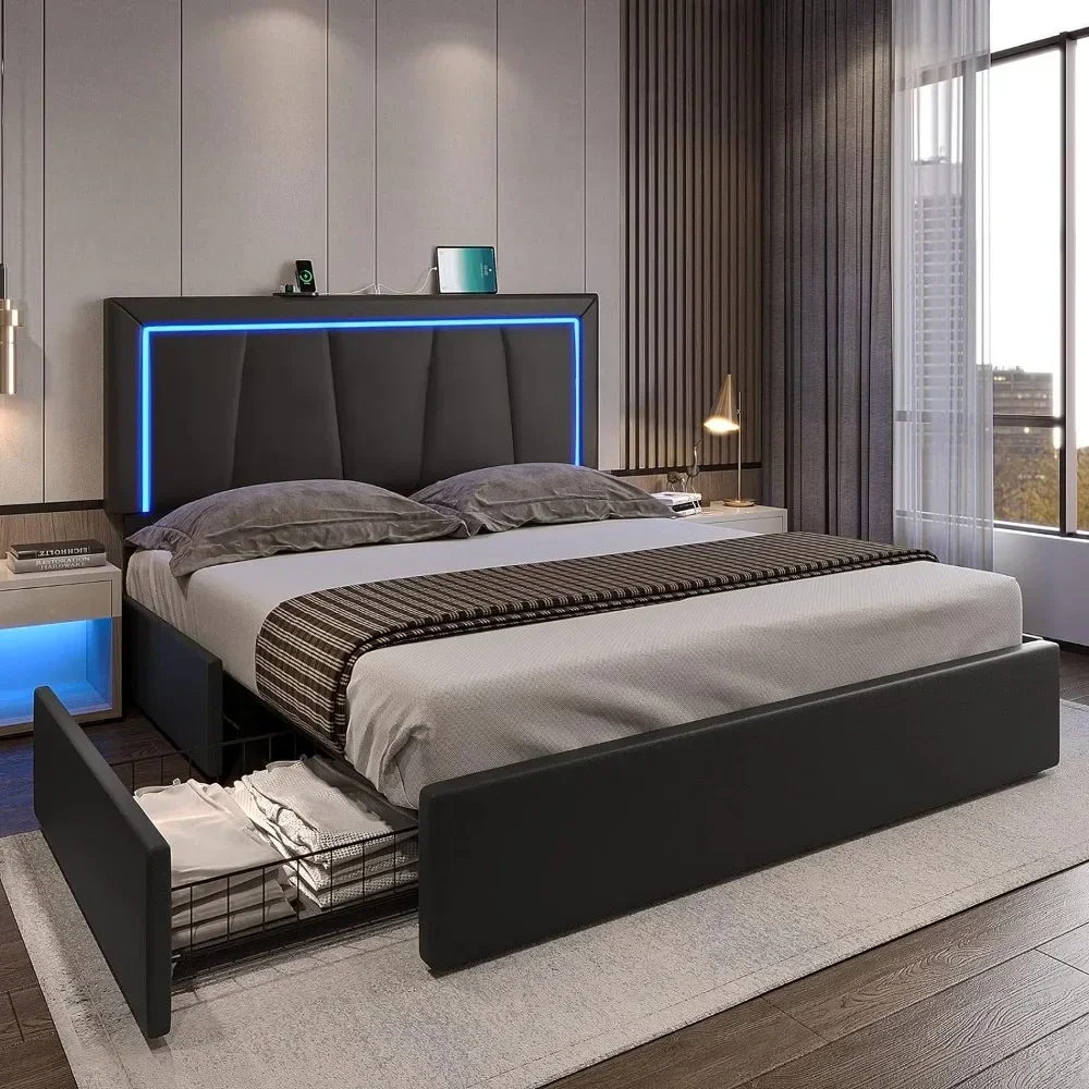 

Large LED Bed Frame, Modern Cushioned Platform Bed Frame, Large Bed Frame with Storage Space and Headboard