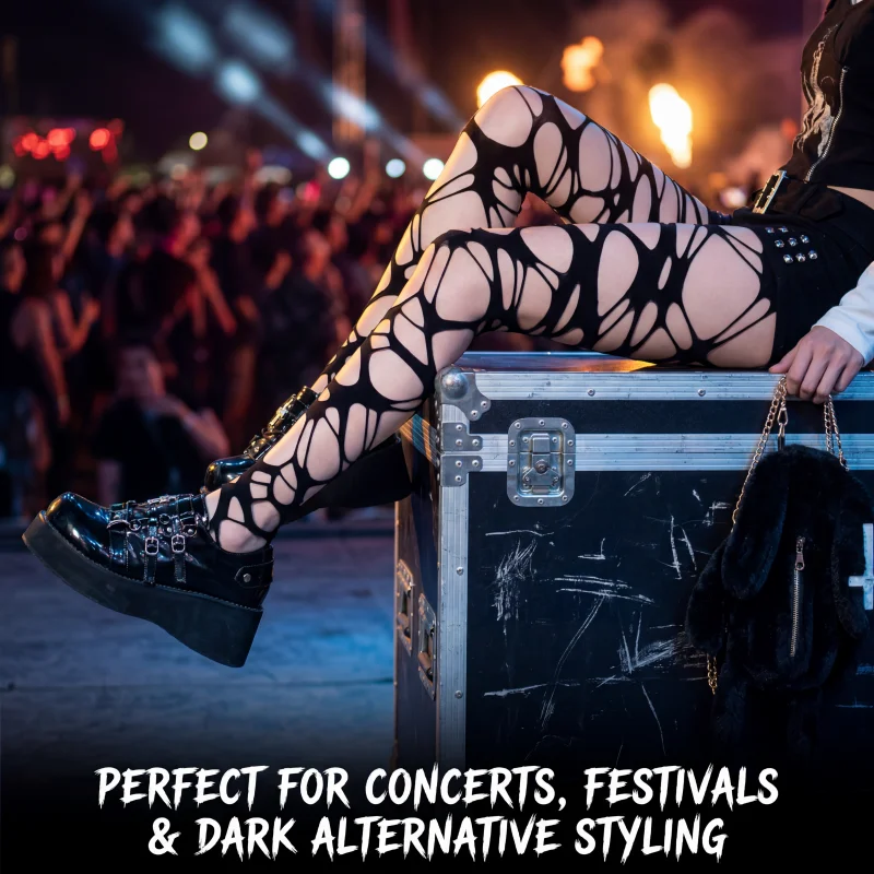 Gotische Netzstrumpfhose mit unregelmäßigen Ausschnitten, Punk-Hohlstrumpfhose im Y2K-Streetwear-Stil für Rave-Festivals und Gothic-Partys