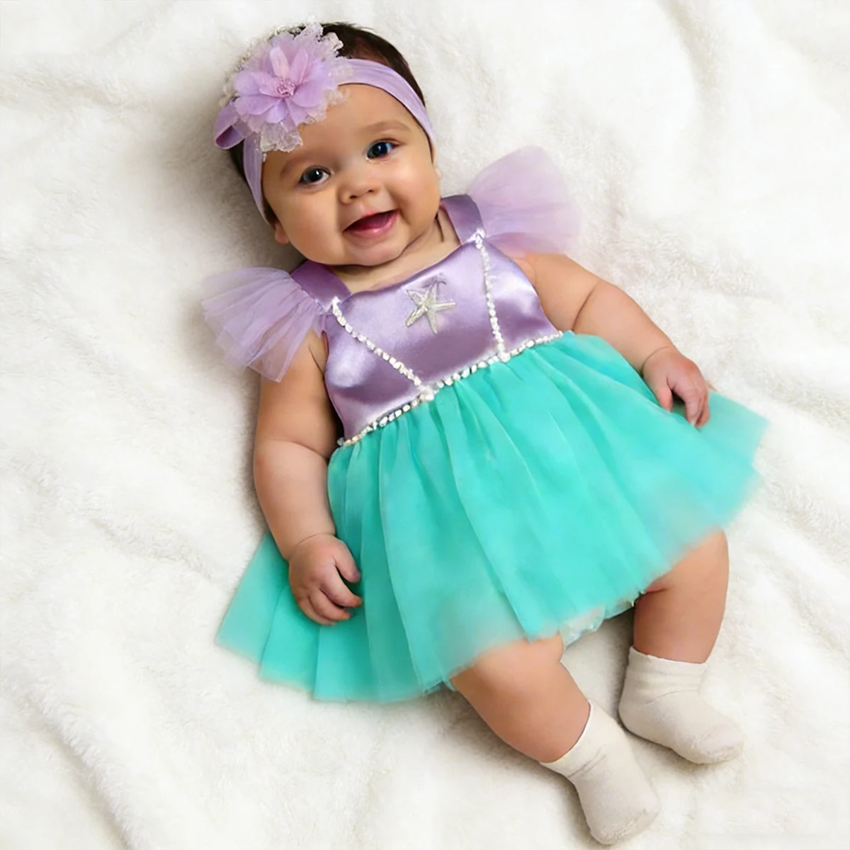 

Реквизит для фотосъемки новорожденных: фиолетовое платье для девочки в стиле морской звезды с жемчугом и повязкой на голову, комплект для фотосессии младенцев