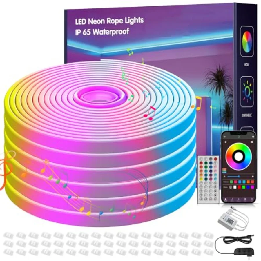 

Светодиодные неоновые ленты с синхронизацией музыки, RGB LED-ленты для улицы, гибкие светодиодные ленты с пультом и управлением через приложение, DIY