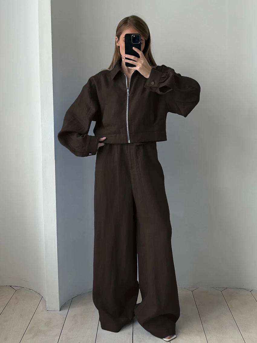 

Marthaqiqi Fashion Ladies Nightgown Set Crop Top Pajama Long Sleeve Nightie Sexy Turn-Down Collar Nightwear Pants Sleepwear Suit