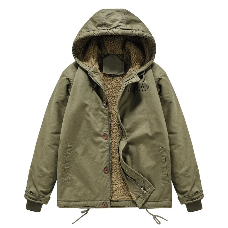 

New Winter Coat Men's Outdoor Casual Windproof Hooded Top Loose Fleece Thickened Tooling