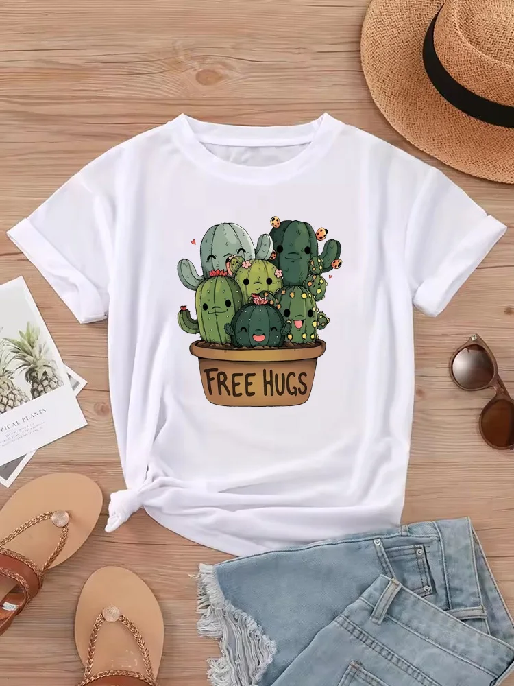 Camiseta con estampado de Cactus de dibujos animados para mujer, ropa informal de manga corta, ropa de calle de moda, camisas femeninas con cuello redondo