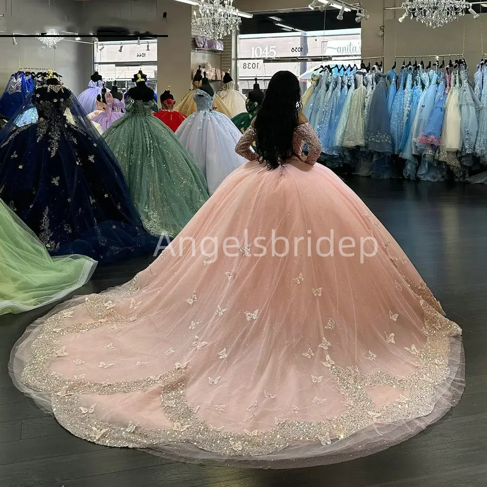 Angelsbride Long Sleeves Quinceanera Dresses 2025 Mexican Vestidos De 15 Anos 3D Butterfly Glitter Sequined Birthday Party