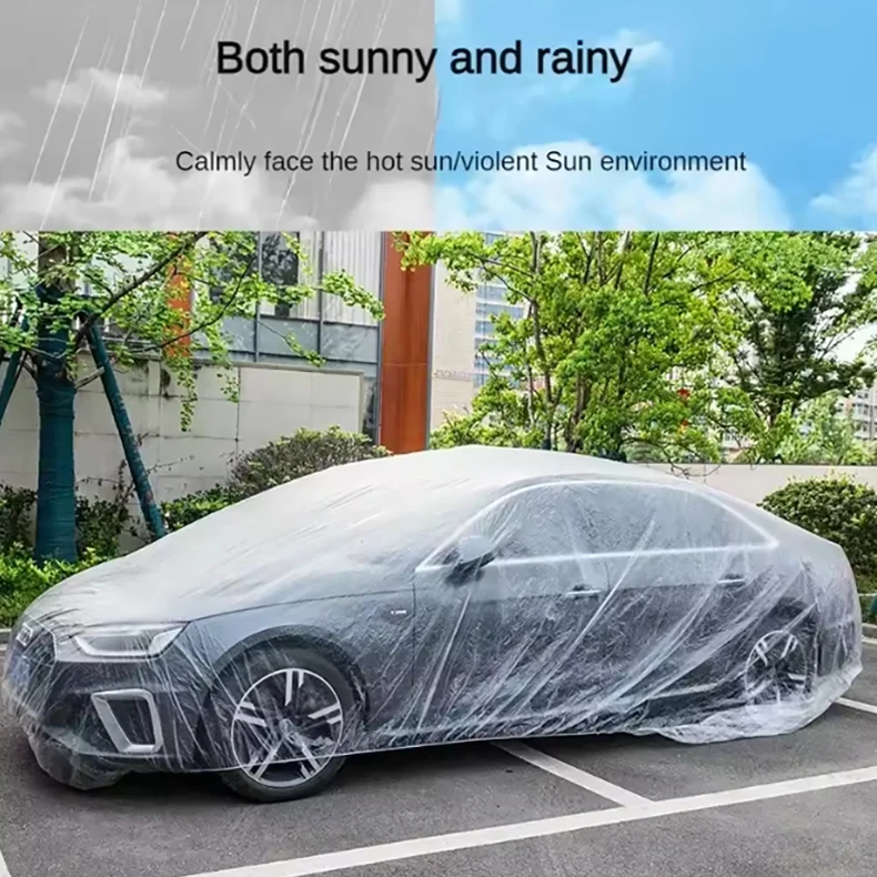 Housse de voiture universelle imperméable pour extérieur, en plastique PE jetable, accessoires automobiles avec housse anti-poussière élastique, protection contre la pluie