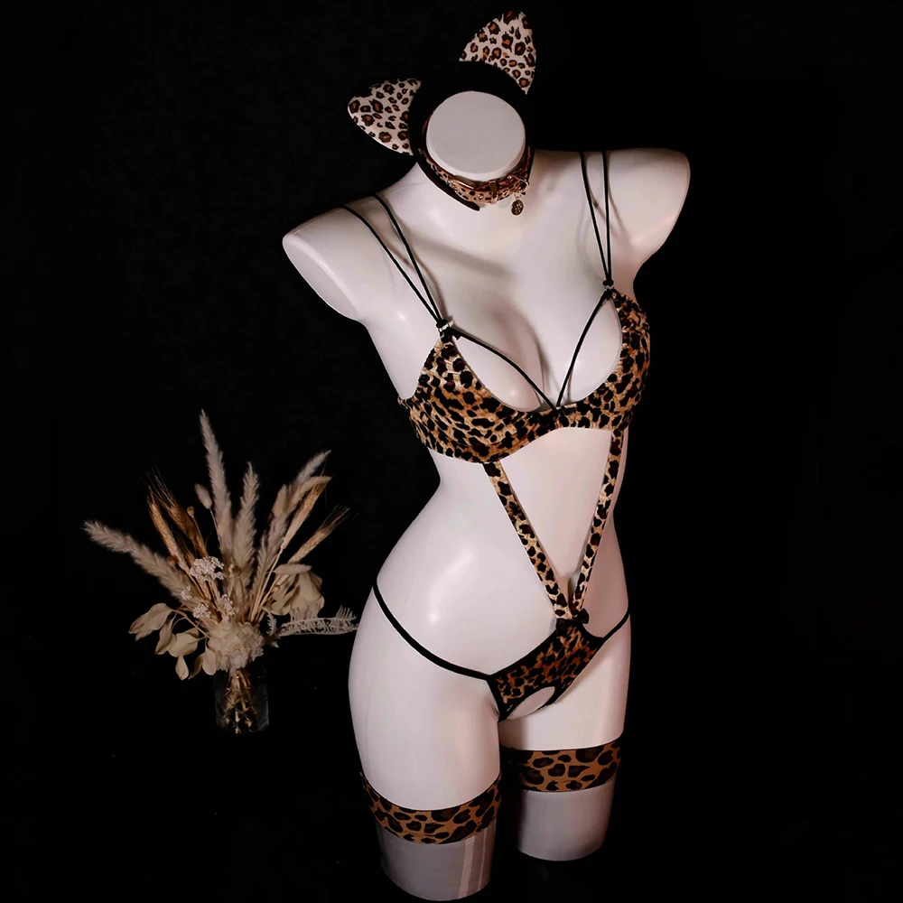 

Sexy Leopard Maid Cosplay Costume Hollow Out Bodysuit Stockings Outfit Role Play Lingerie
