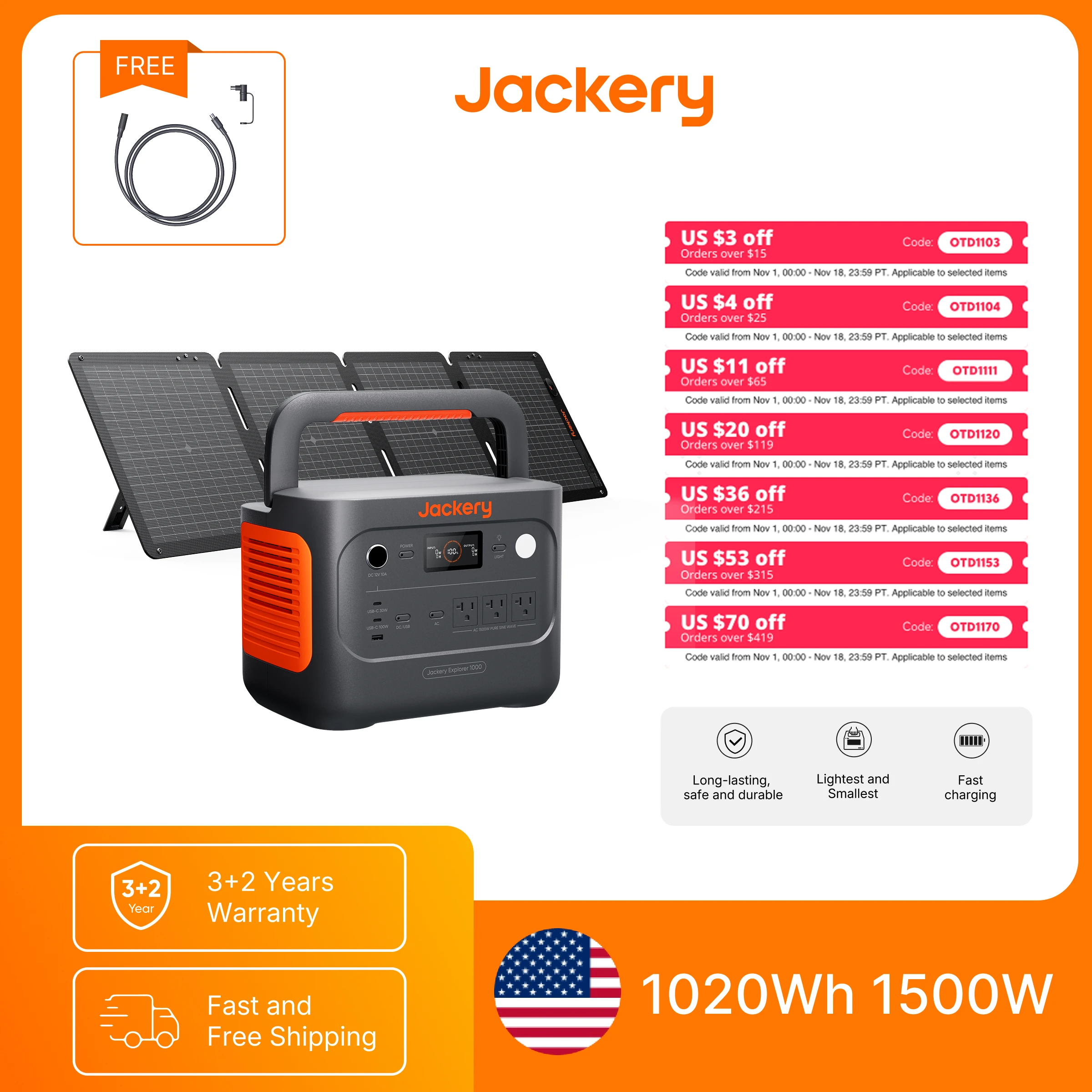 Jackery E1000AC 1050Wh Portable Power Station with 200W Solar Panel & 5m Extension Cable, 1500W Pure Sine Wave AC Output, 3000W Surge, LiFePO4 Battery, 100W USB-C and Fast Recharge for Camping, RV Trips and Home Emergency Backup
