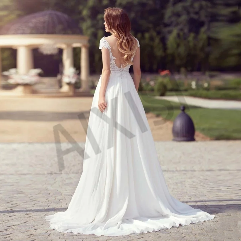 Wedding Dress No Bra Illusion O Neck Short Sleeve Open Back Bride Vestido Slit Appliques Chiffon Sexy Robe de mariee