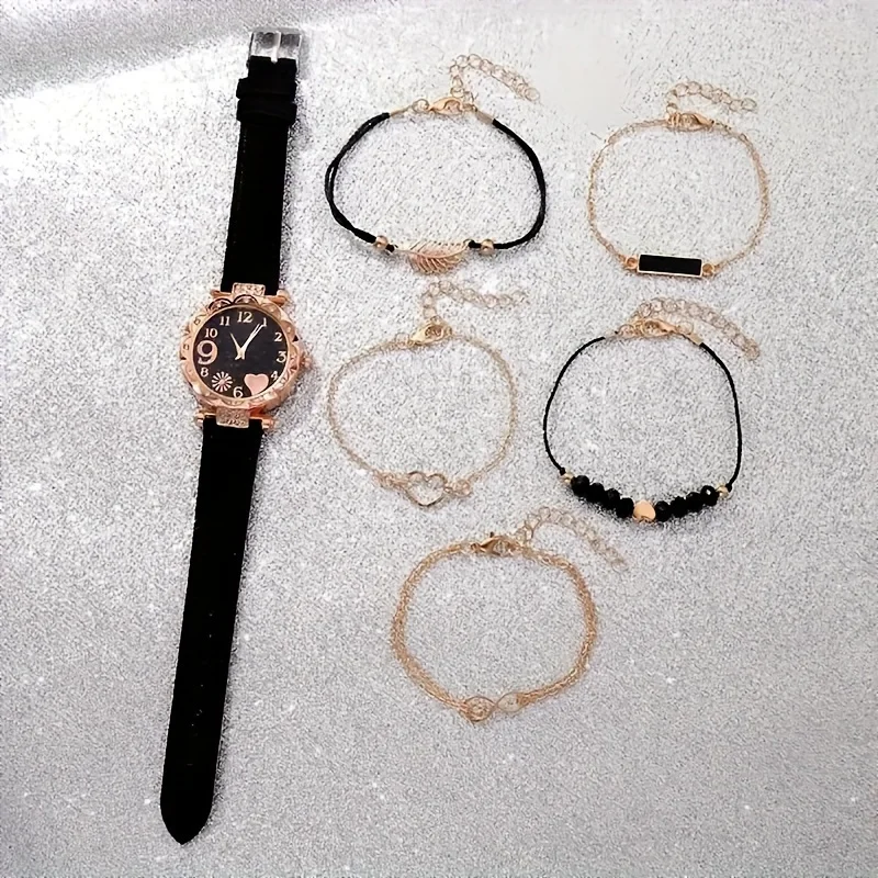 Reloj de cuarzo con diamantes de imitación para mujer, pulsera de cuero sintético, analógico, 6 piezas