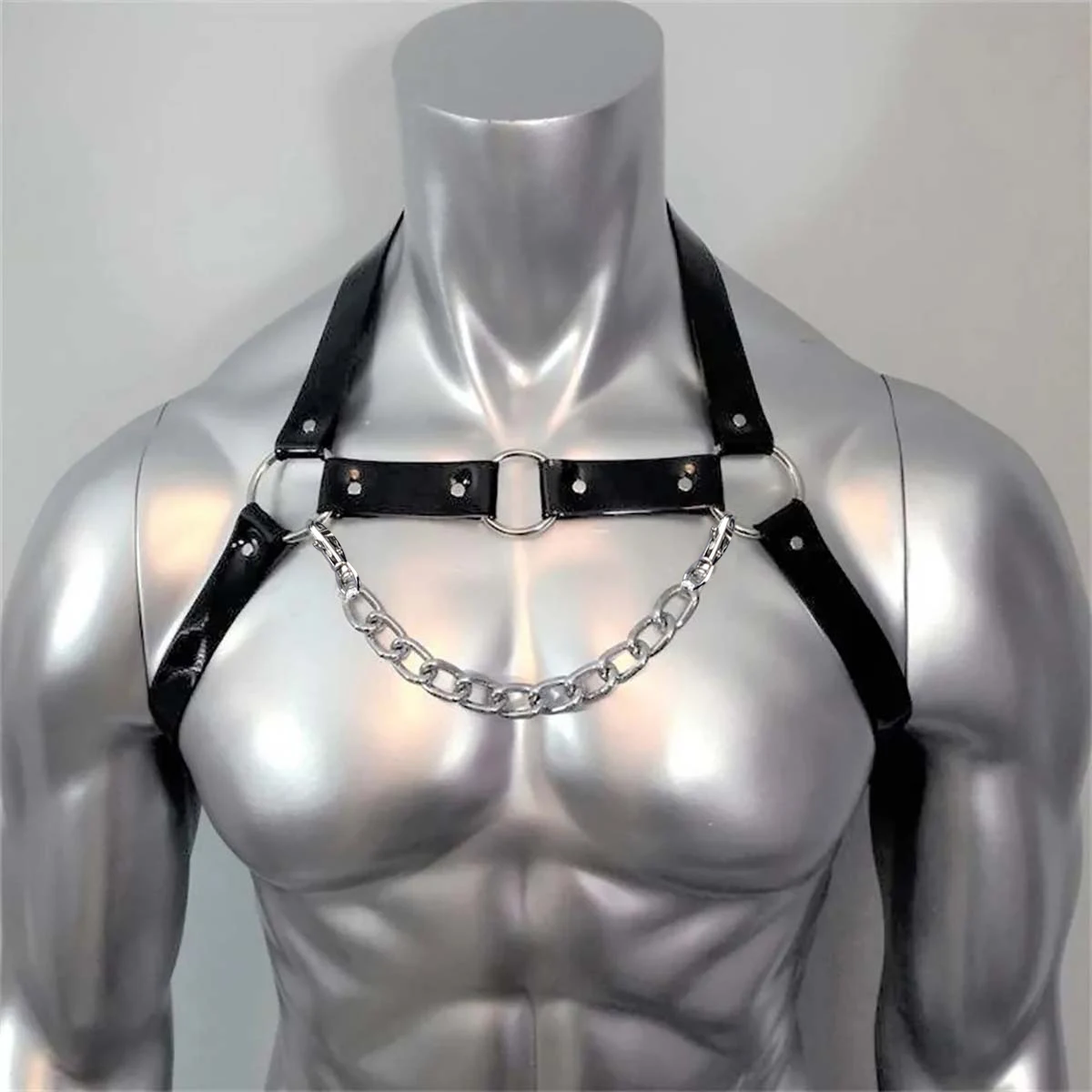 Men's Black Faux Leather Chest Harness - Adjustable Straps, Gothic Punk Style with Metal O-Rings and Chain, Clubwear Rave Outfit