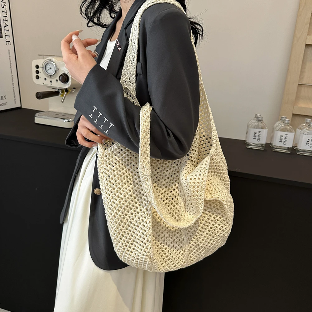 Women Crochet Tote Bag Fashion Knitted Bag Large Capacity Hollow Out Tote Bag Solid Color Casual Handbag for Travel Vacation