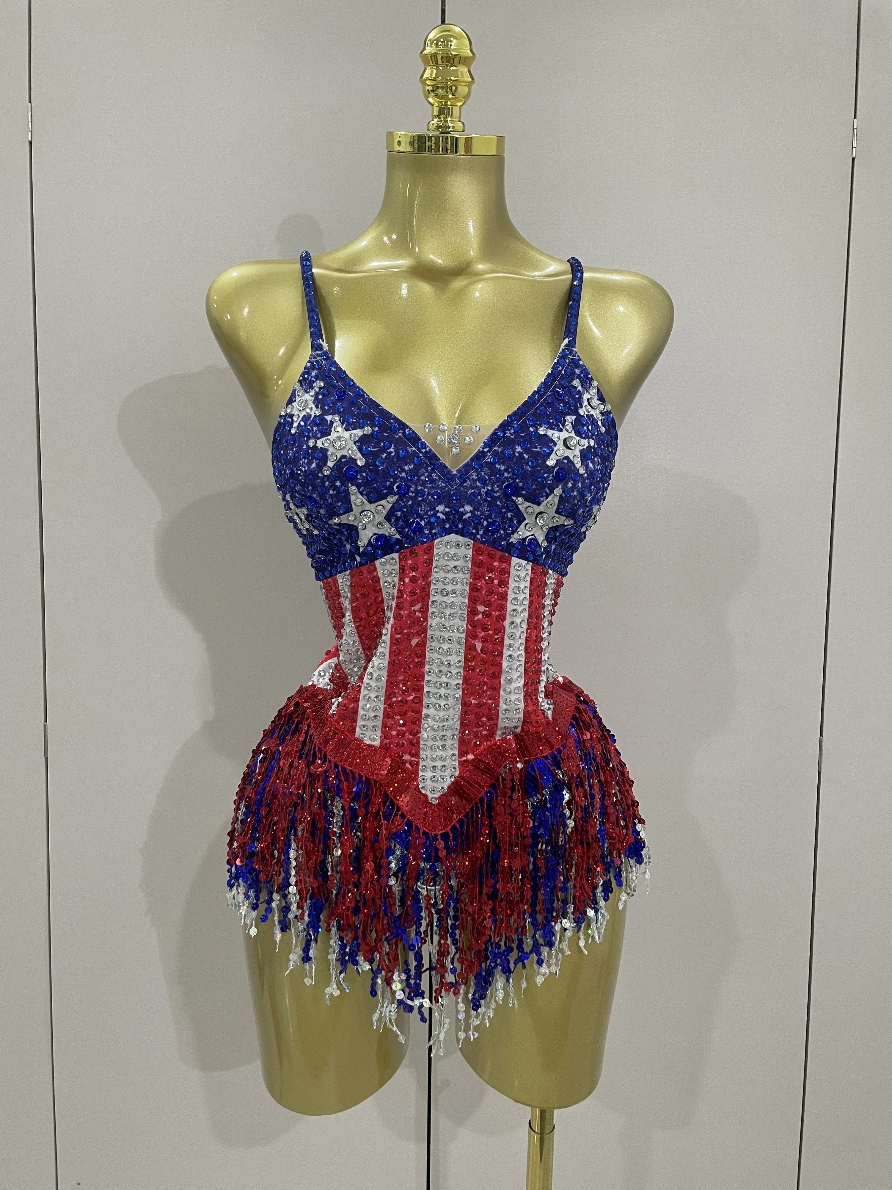 

New Shiny Rhinestones Tassel Bodysuit Performance Dance Singer Costume Evening Party Nightclub Stage Leotard Cheerleading Outfit