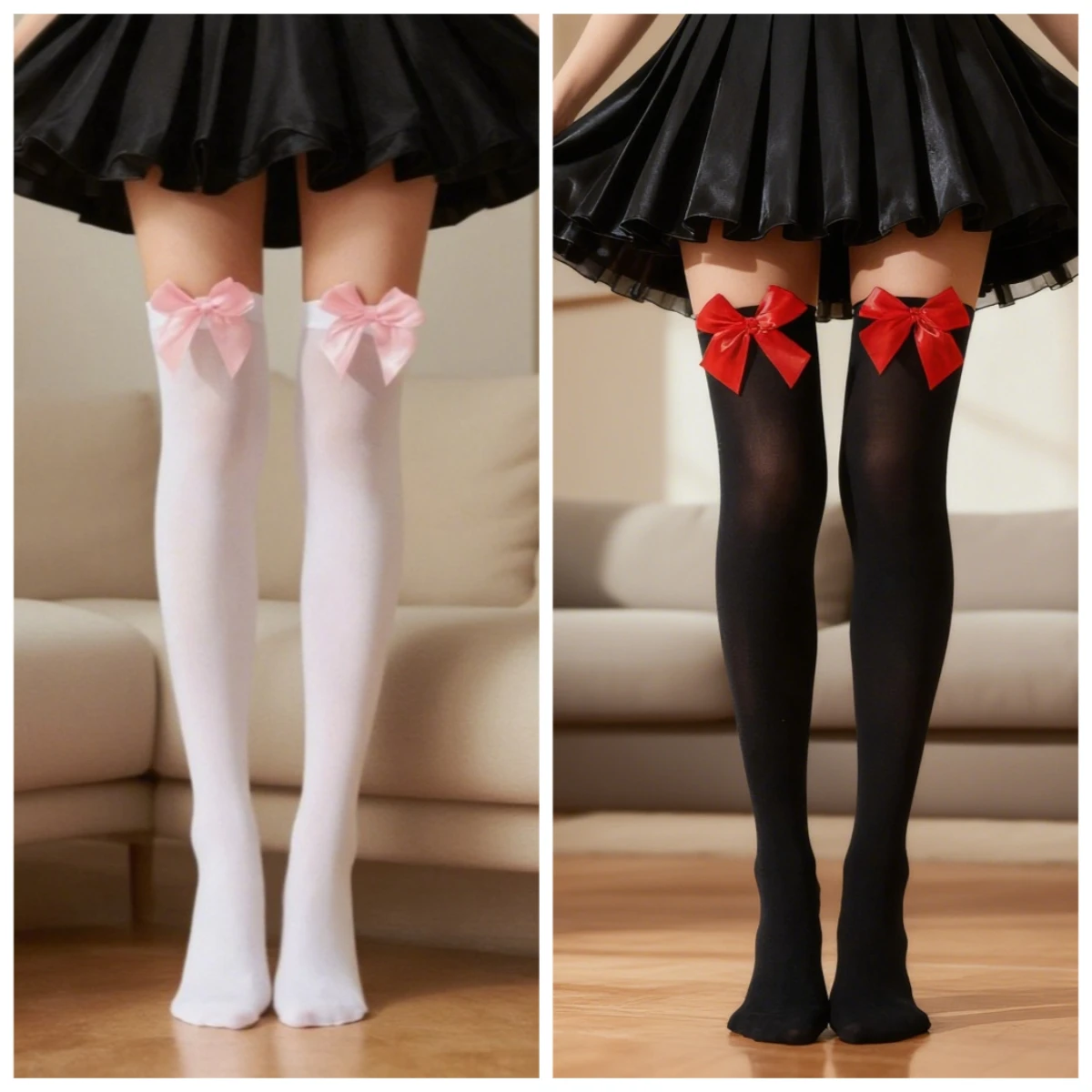 ถุงน่องสีดำขาวเซ็กซี่พร้อมโบว์ ถุงเท้ายาวถึงเข่าสำหรับผู้หญิง ชุดชั้นในสาวฮอต ชุดยูนิฟอร์มน่ารัก อุ่น หวาน น่ารัก ถุงน่อง