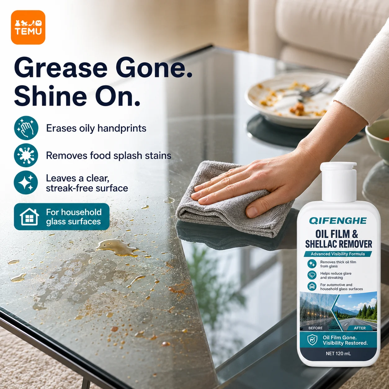 Glass Oil Film Cleaner 120ml, Removes Oily Film & Bug Residue, Restores Transparency, Improves Driving Safety, Car Home Use view 5