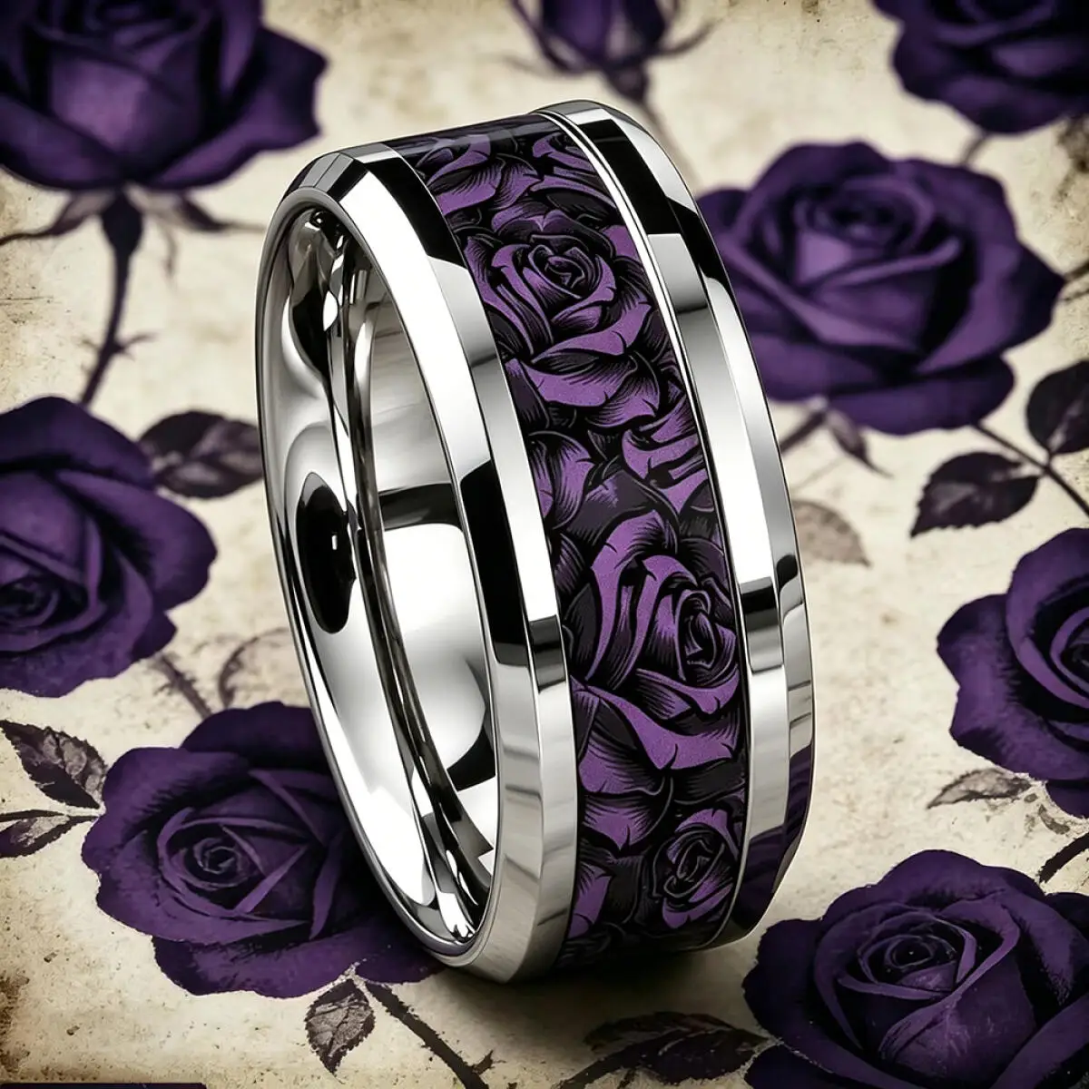 Romance Women Men Stainless Steel Ring Dark Purple Black Rose Flower Pattern Ring Gothic Floral Statement Wedding Band Jewelry