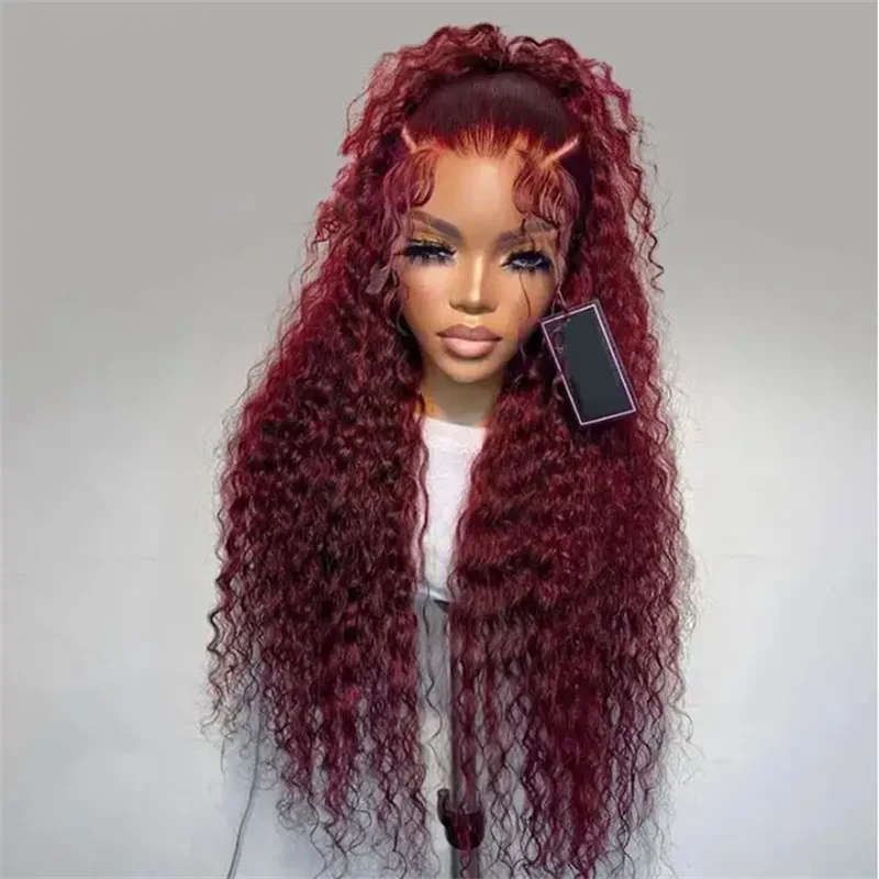 Long 26Inch 180%Density Soft Glueless Wine Red  Kinky Curly Lace Front Wig For Women With Baby Hair Synthetic Preplucked Daily