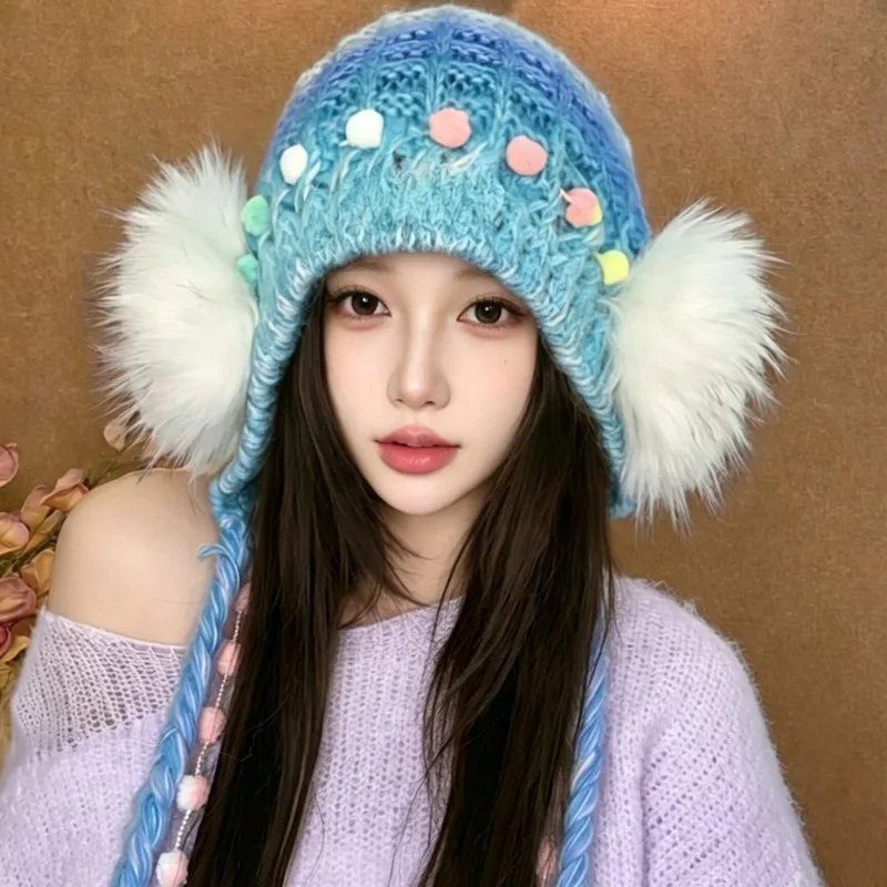 Women Winter Earflap Hat Gradient Crochet Knit Cap Colorful Pom Pom Faux Fur Ear Hat Warm Cute Kawaii Knitted Cap