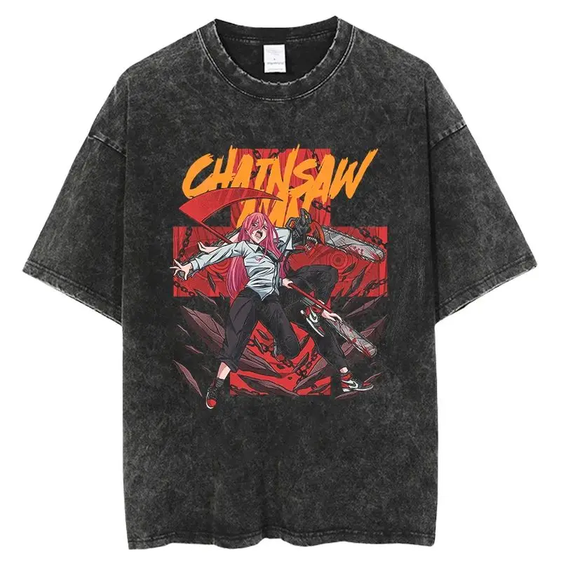 Fashion Vintage Washed Tshirts Chainsaw Man Anime Men Women T Shirt Harajuku Oversize Tee Cotton Fashion Streetwear Unisex Top