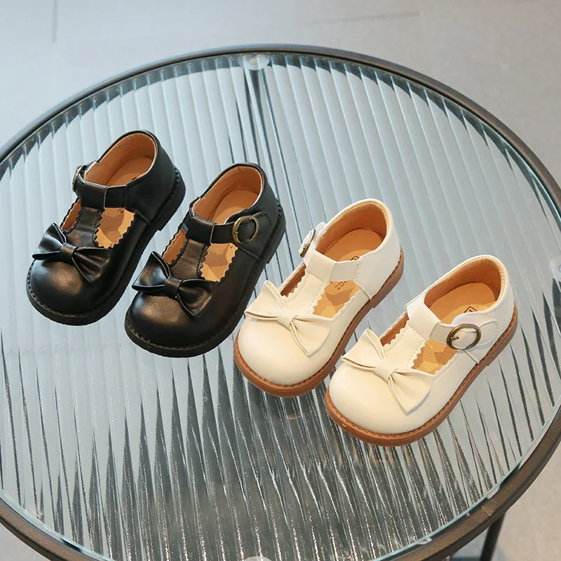 

Summer Round-Toe Girl Bow Princess Shoes Kids Low-Top Hollow Soft Sole Velcro Children Mary Jane Leather Shoe Dance Performances