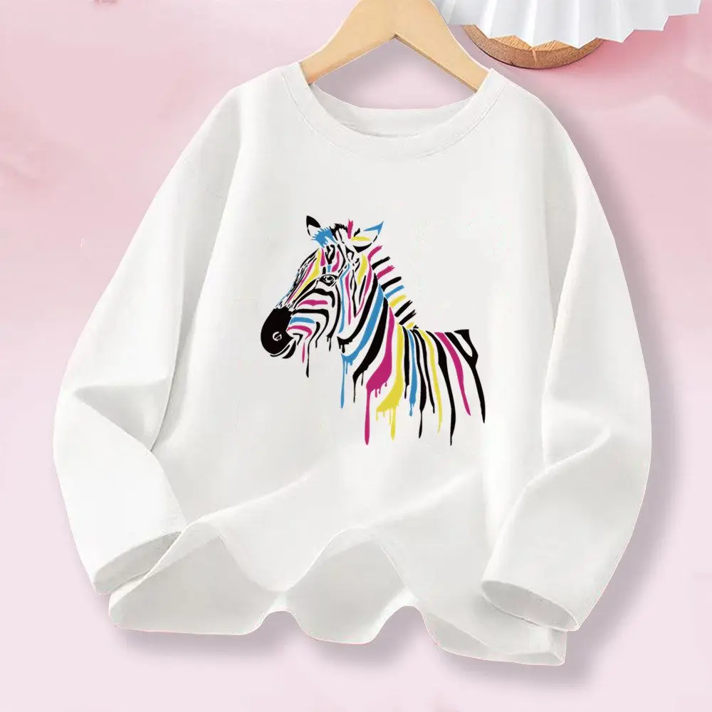 Langarm-T-Shirt für Kinder – buntes Zebra-Grafikdesign, Baumwolloberteile für Mädchen, weiche Baumwolle, Alltagskleidung für Kinder