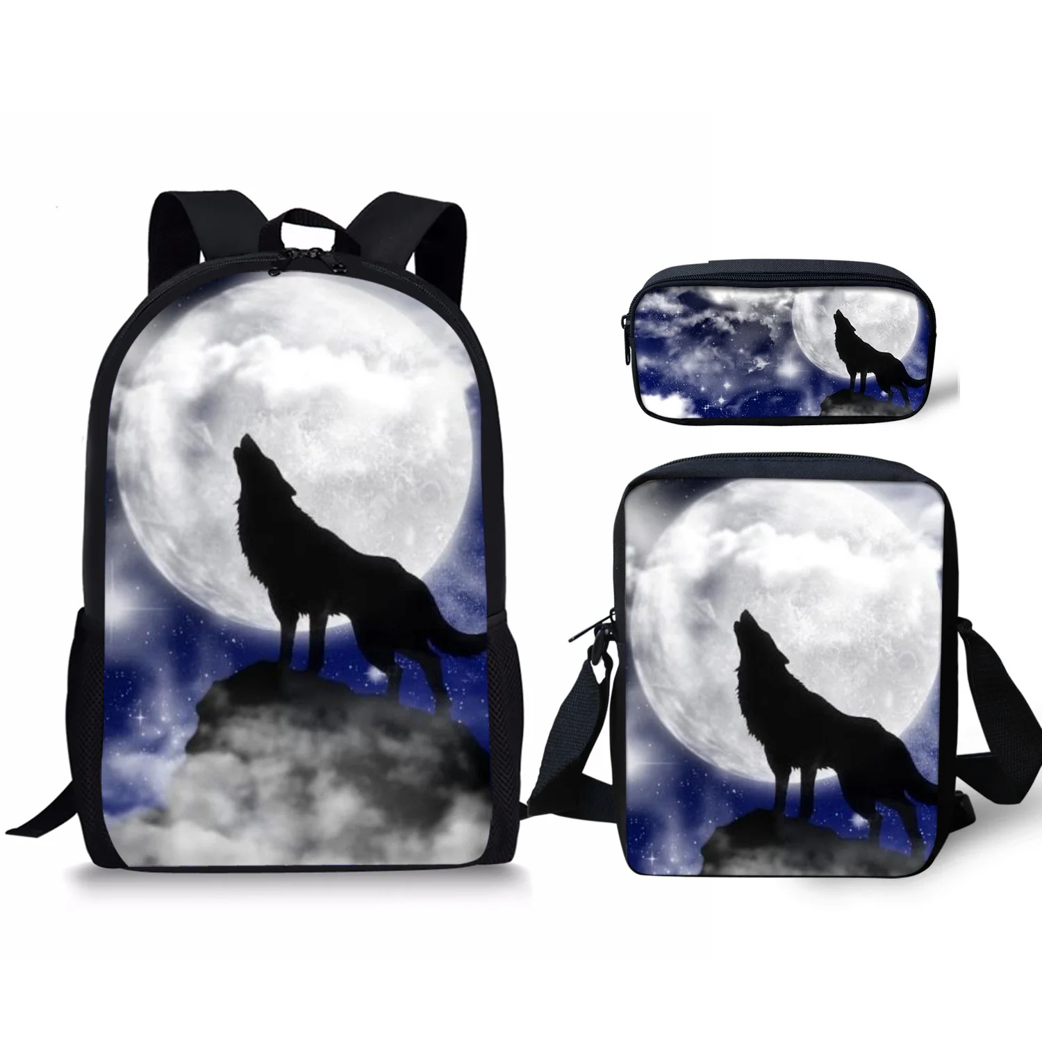 Cool Wolf on The Moon Pattern 3 Set School Bag Lightweight Backpack for Teen Boys Girl Casual School Bag Lunch Bag Pencil Case