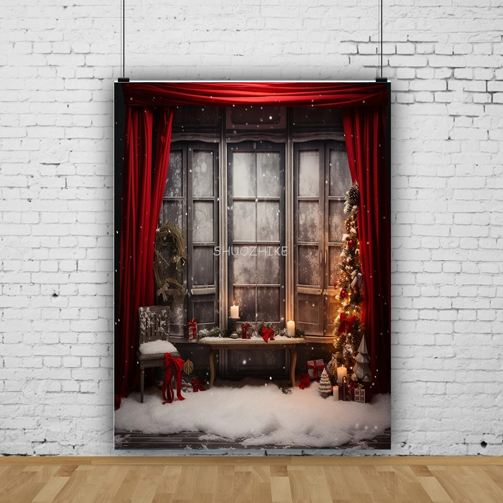 빈티지 크리스마스 날 사진 배경 소품 벽난로, 겨울 크리스마스 트리 장식, 꽃 화환 나무 문짝 배경 JL-01