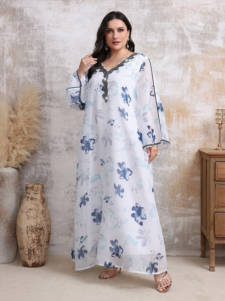 Morocco Women Plus Size Dresses Casual Loose V-Neck Print Wedding Dresses 2025 New Large Size Long Sleeve Party Dresses Kaftan