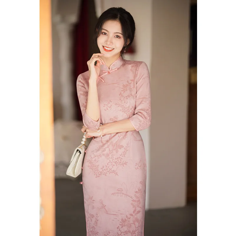 

Pink Blue Seven-Quarter Sleeve Cheongsam 2022 New Mid-Length Autumn Chinese Style Young Girl Improved Qipao Dress For Women