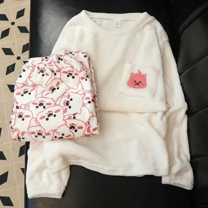 Hello Kitty Pajama Set Sanrio Kawaii Girl Lounge Clothes Anime Flannel Plus Velvet Thicken Pajamas Gift Cute Jacket Pants Suit