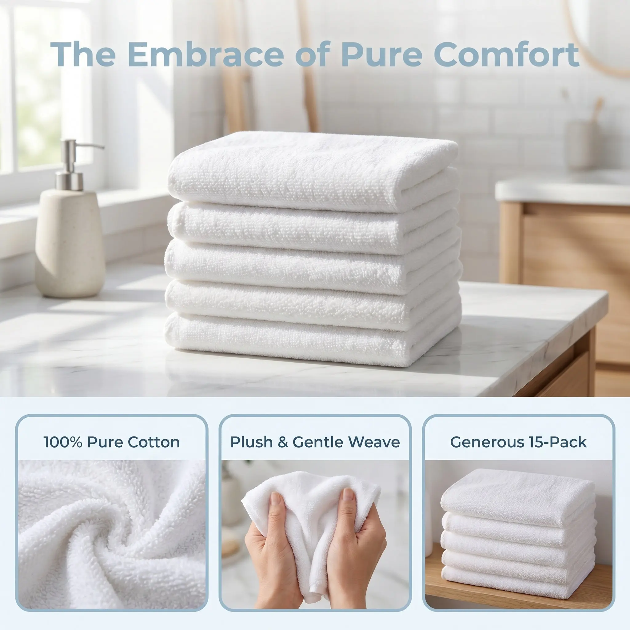 15Pcs Soft Absorbent Quick Dry Cotton Towels Face Towels Bathroom Washcloths Gym Shower Travel Beach White 11.8x11.8 Inch